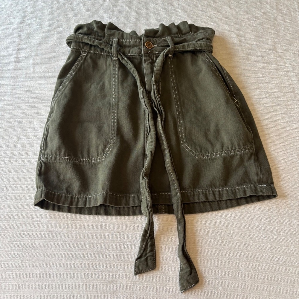 Free People Olive Green Paperbag Waist Mini Skirt Contrast Stitch Utility Size 2